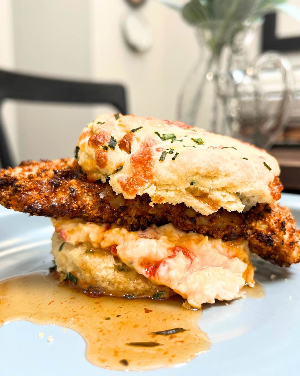 Air Fryer Cheddar-Chive Chicken Biscuits With Pimento & Siracha Honey