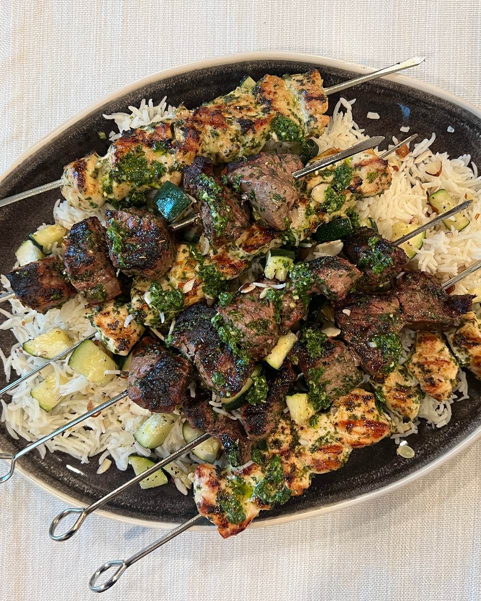 Chicken and Steak Chimichurri Skewers with Zucchini Almond Rice