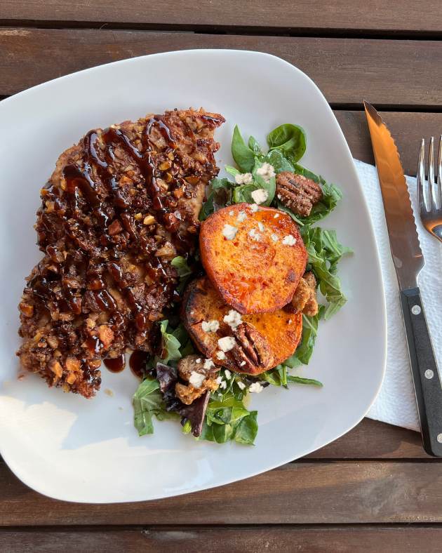 Spiced Nut-Crusted Chicken & Smoked Sweet Potato Salad