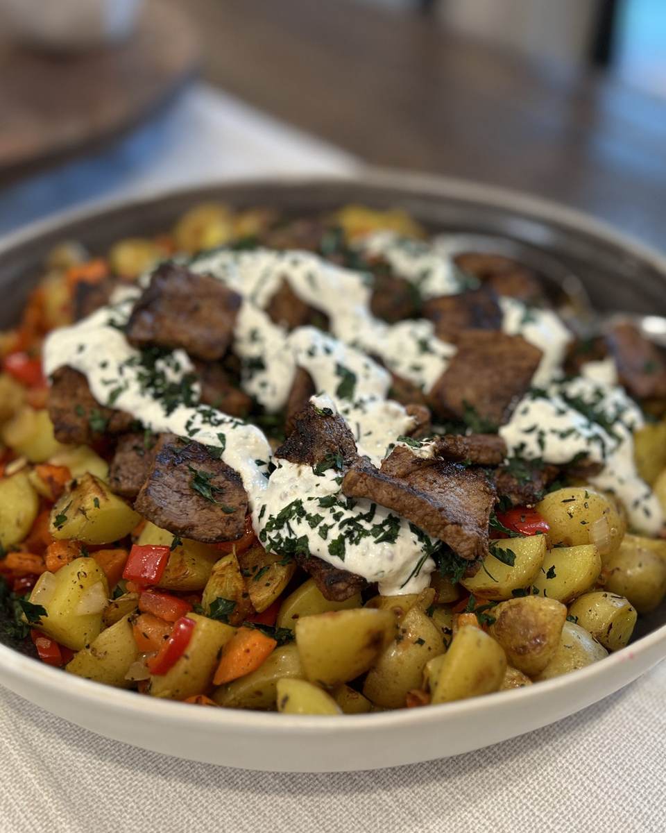 Beef Tenderloin Hash With Horseradish Cream Sauce