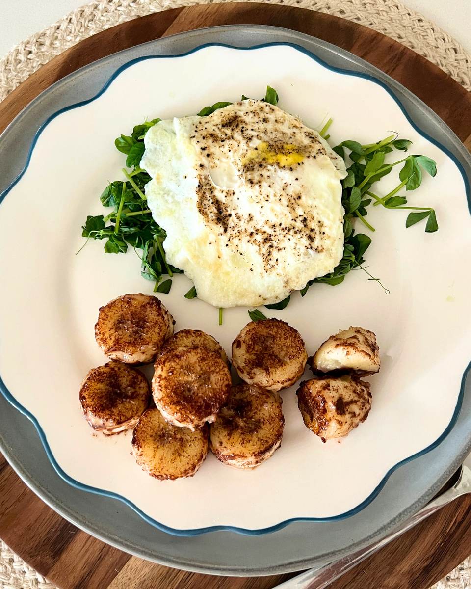 Egg Over Speckled Pea Microgreens & Fried Cinnamon Bananas