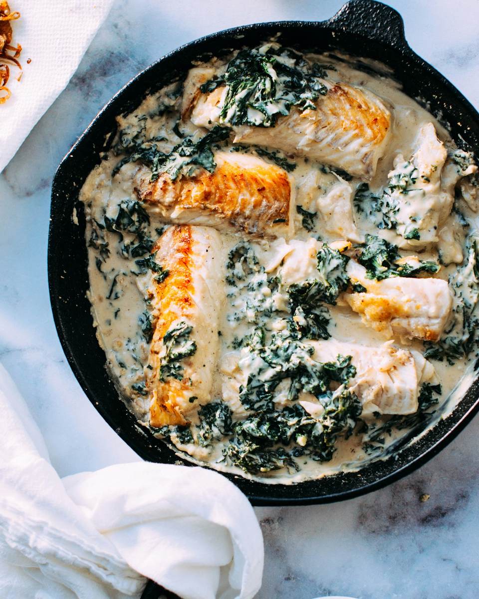 Creamy Garlic White Fish With Spinach