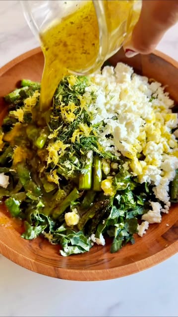 Roasted Asparagus Kale Salad with Feta & Lemon-Dill Vinaigrette